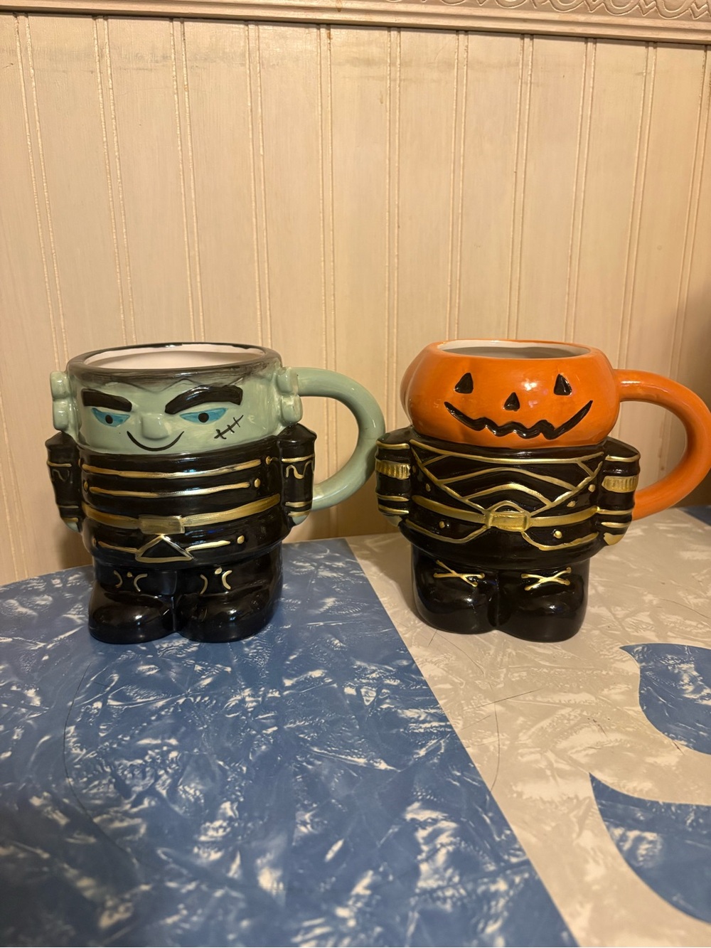 Set of 2 Transpac Ceramic Halloween Frankenstein Jack-O'-Lantern Nutcracker Mugs